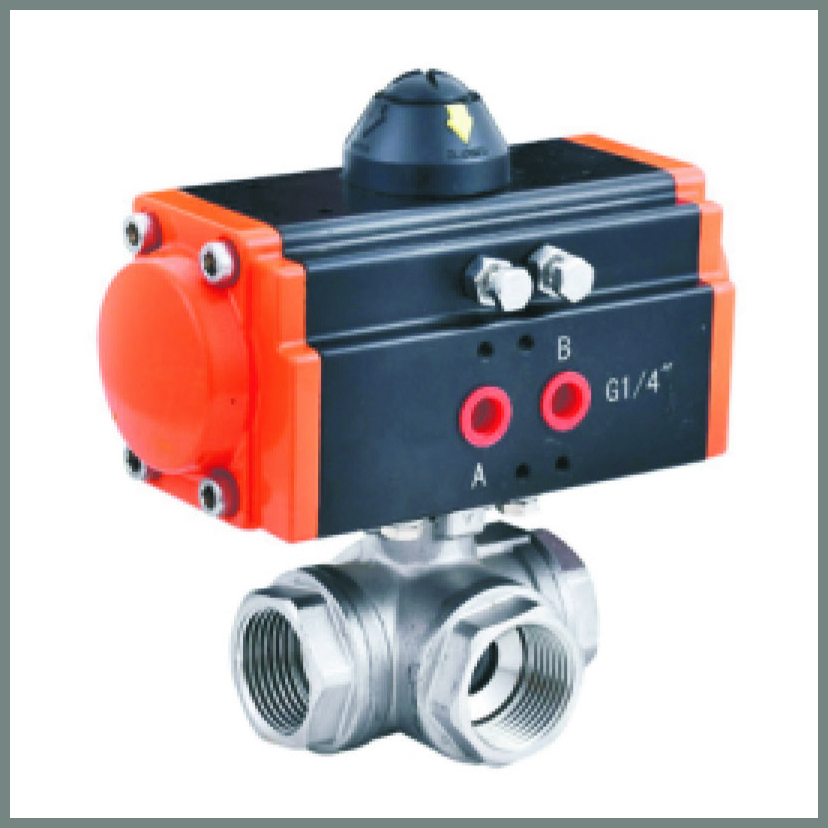 Stainless steel three-way ball valve with pneumatic actuator