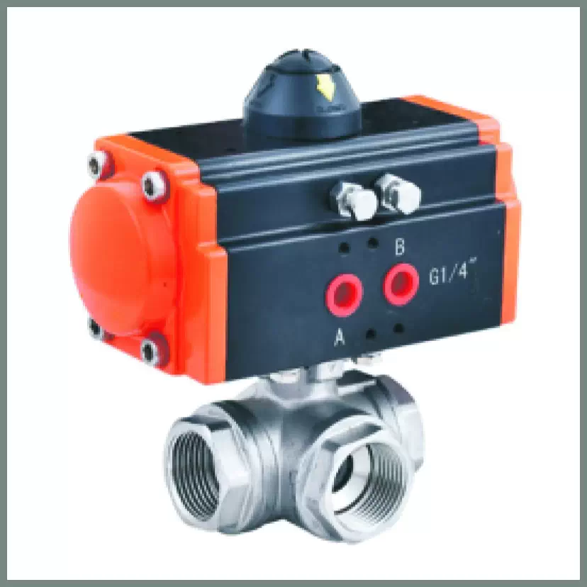 Three-way ball valve with pneumatic actuator