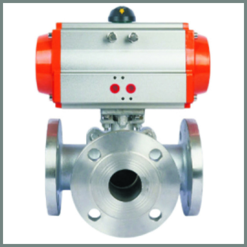 Stainless steel three-way flanged ball valve with pneumatic actuator